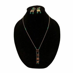 Vintage Gold Tone Necklace and Matching Earrings Green Beads Asian Lettering